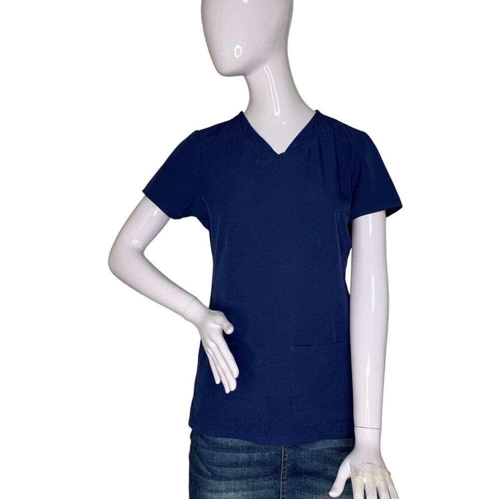 Hearts Souls Scrub Top Short Sleeve Navy Blue Front Patch Pockets Size XS